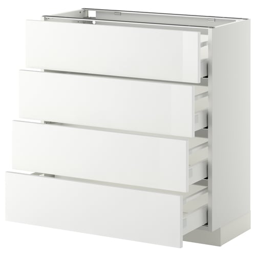 Une armoire de cuisine METOD blanche avec des façades en rond brillant, dotée de plusieurs tiroirs coulissants lisses.
