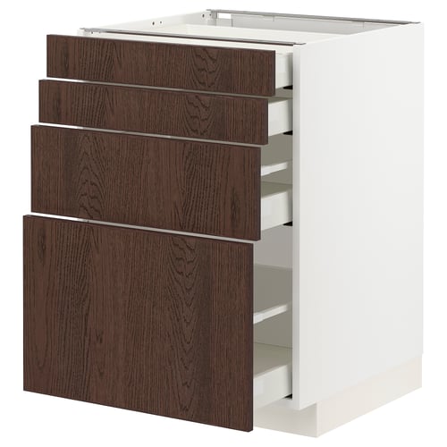 Unité de cuisine Ikea METOD avec tiroirs brun foncé et cadre blanc.