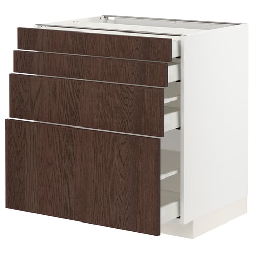 Un meuble de cuisine METOD avec des tiroirs en bois brun foncé et une base blanche, au design moderne.