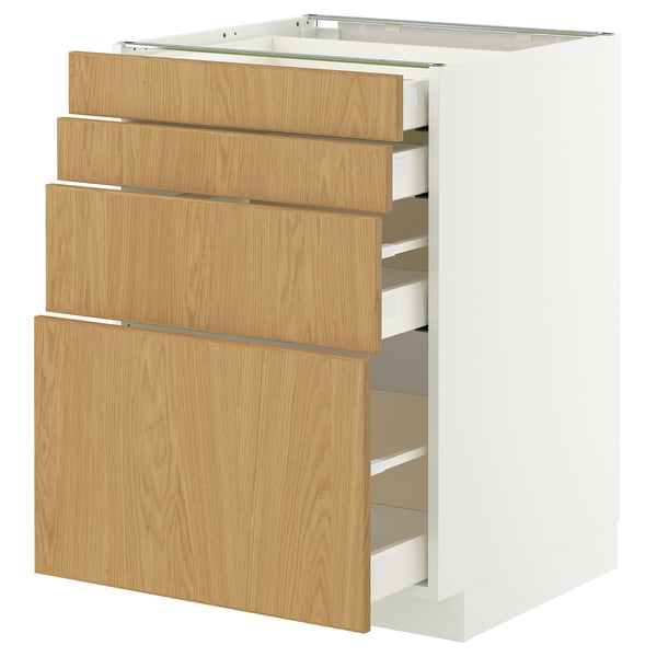 Armoire de cuisine METOD avec 4 tiroirs en placage de chêne, blanc, robuste, à fermeture amortie.
