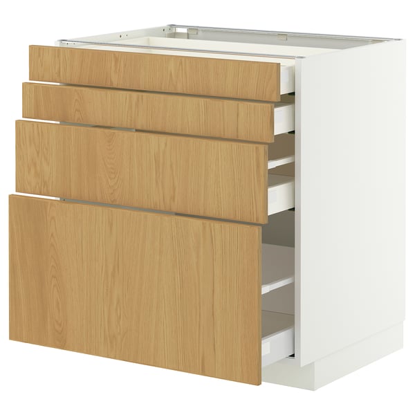 Armoire de cuisine en bois METOD avec tiroirs, finition chêne, fermeture automatique.
