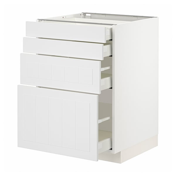 Armoire de cuisine METOD blanche avec plusieurs tiroirs et portes, design minimaliste.