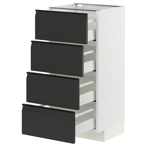 Unité de cuisine METOD avec quatre tiroirs noirs, des poignées élégantes et des côtés blancs. Moderne, robuste et organisé.