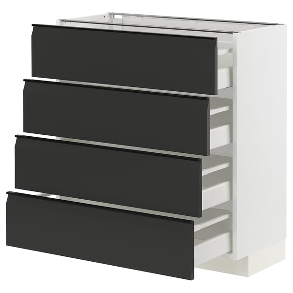 Armoire de cuisine METOD en blanc et noir, quatre tiroirs, façades noires mates, design épuré.
