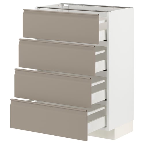 Armoire de cuisine blanche moderne avec quatre tiroirs beiges, des poignées élégantes et des lignes épurées.