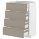 Armoire de cuisine blanche moderne avec quatre tiroirs beiges, des poignées élégantes et des lignes épurées.