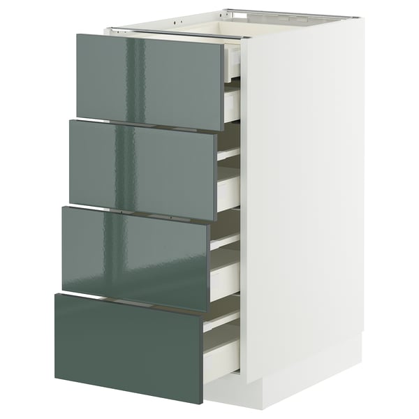 Armoire de cuisine moderne avec 4 tiroirs brillants gris-vert, design élégant, cadre blanc, garantie de 25 ans.