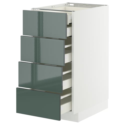 Armoire de cuisine moderne avec 4 tiroirs brillants gris-vert, design élégant, cadre blanc, garantie de 25 ans.