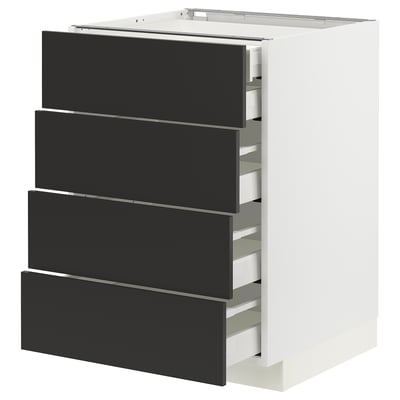 Une armoire de cuisine moderne, METOD, avec quatre tiroirs noirs et un cadre blanc. Il s’agit d’un design élégant et contemporain avec une construction robuste.