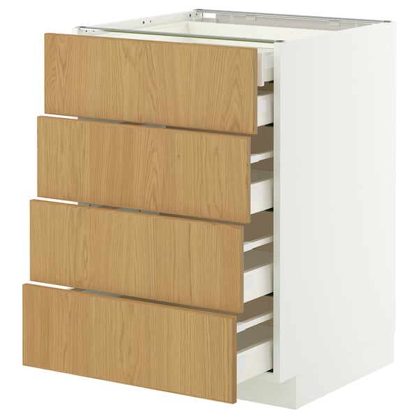 Armoire METOD blanche avec quatre tiroirs en chêne clair.