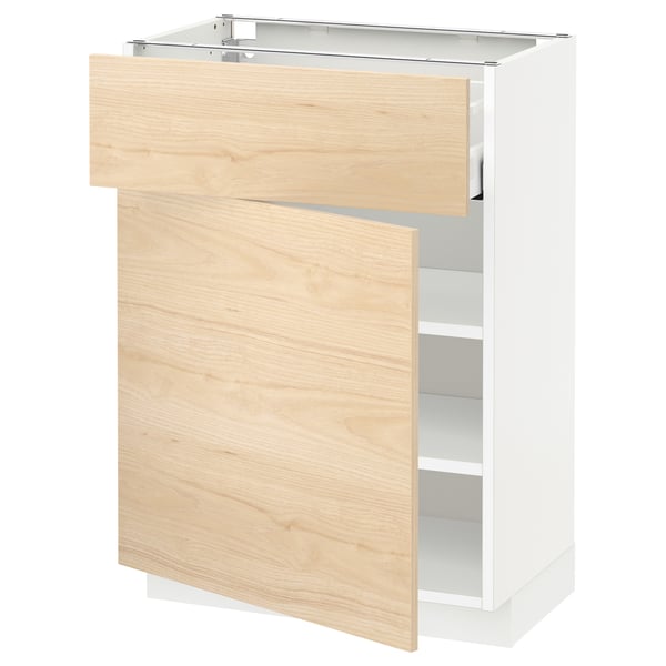 Armoire de cuisine METOD blanche avec portes en frêne clair, étagères réglables, cadre robuste, tiroir lisse.