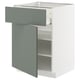 Armoire de cuisine moderne avec corps blanc, tiroir gris-vert, design élégant, étagères réglables.