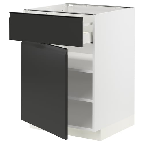 Unité de cuisine moderne : meuble METOD blanc avec tiroirs upplöv noirs, deux étagères, design épuré.