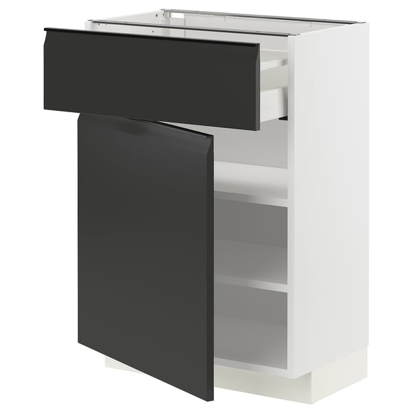 Armoire de cuisine METOD moderne blanche avec tiroir et porte upplöv noirs. Design carré et élégant avec poignée intégrée.