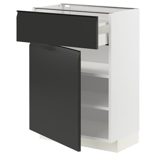 Armoire de cuisine METOD moderne blanche avec tiroir et porte upplöv noirs. Design carré et élégant avec poignée intégrée.