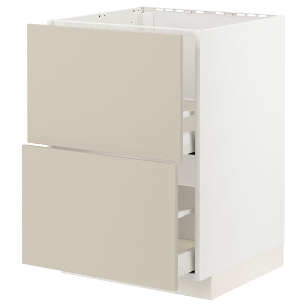 Un meuble de cuisine METOD beige avec un design lisse et épuré et des tiroirs à fermeture automatique.