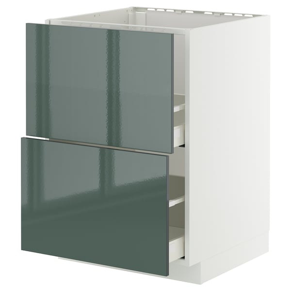 Meuble de cuisine METOD en gris-vert brillant avec un design moderne et plusieurs compartiments.