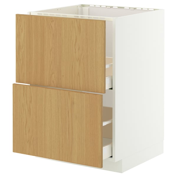 Un meuble de cuisine METOD avec des tiroirs en bois. Deux tiroirs en placage de bois brun clair, disposés dans une armoire blanche.