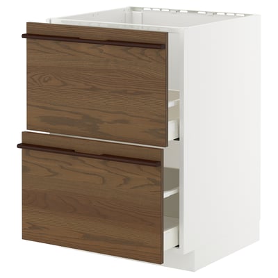 Unité de cuisine en bois : meuble bas blanc METOD avec façades de tiroirs brun foncé, poignées en bois, construction robuste, deux grands tiroirs.