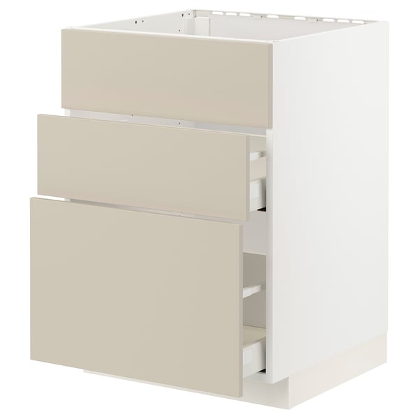 Armoires de cuisine METOD en beige avec trois tiroirs.