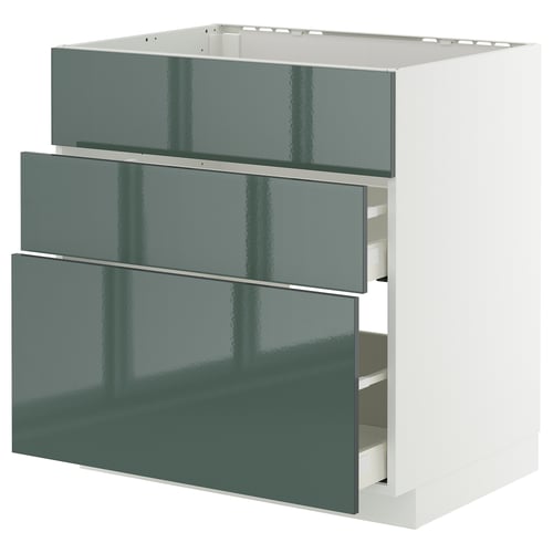 Armoire de cuisine moderne en gris-vert brillant avec trois tiroirs.