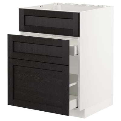 Armoire de cuisine moderne, cadre blanc, tiroirs en bois noir, 2 tiroirs, design épuré.