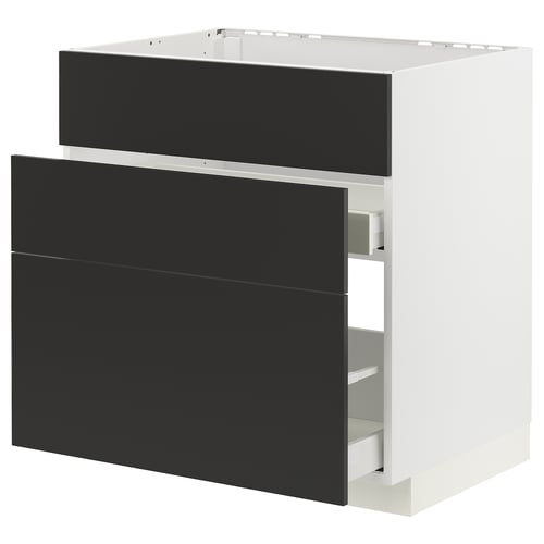 Un meuble de cuisine METOD blanc avec des tiroirs noirs en nickebo mat. Il dispose de trois tiroirs, d’un design moderne et d’une garantie de 25 ans.
