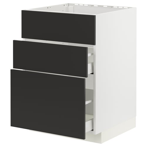 Armoire de cuisine METOD : 3 tiroirs noirs, design moderne, cadre blanc, finition élégante.