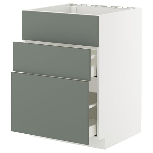 Meuble de cuisine METOD avec tiroirs vert-gris et base blanche.