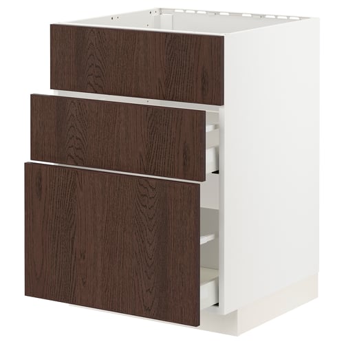 Unité de cuisine Ikea METOD avec 3 tiroirs sinarp brun foncé, cadre blanc.