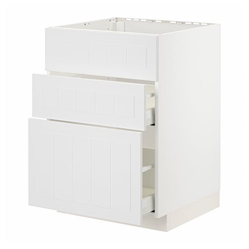 Armoire de cuisine ikea METOD blanche avec tiroirs ouverts, forme rectangulaire, design lisse.