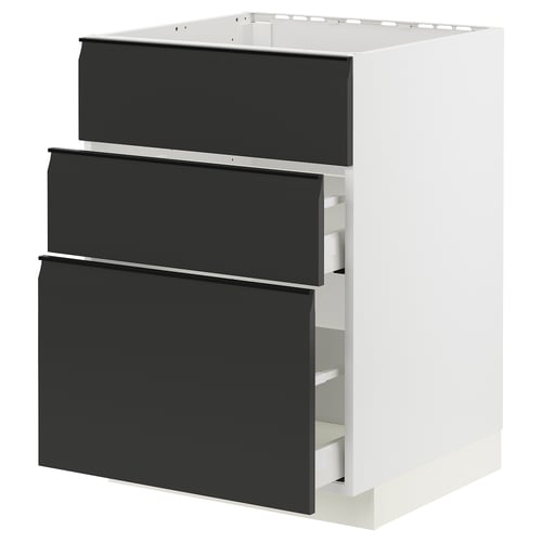 Une armoire de cuisine moderne blanche avec trois tiroirs noirs. Les tiroirs ont un design élégant et minimaliste avec des poignées intégrées et des surfaces lisses.