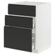Une armoire de cuisine moderne blanche avec trois tiroirs noirs. Les tiroirs ont un design élégant et minimaliste avec des poignées intégrées et des surfaces lisses.