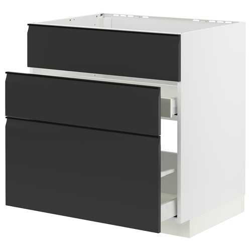 Ensemble d’armoires de cuisine moderne noir et blanc avec poignées intégrées et tiroirs lisses.