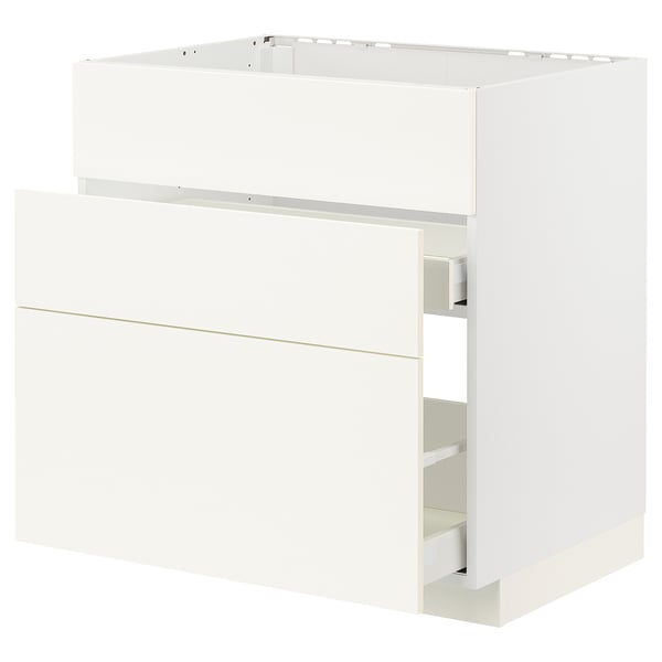 Meuble de cuisine Ikea METOD en blanc avec tiroirs lisses, forme rectangulaire.