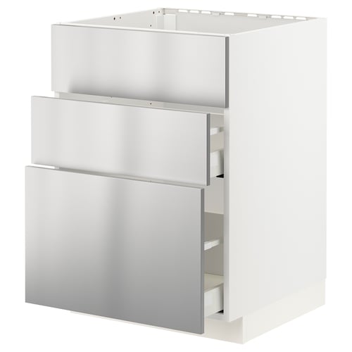 Armoire de cuisine METOD en acier inoxydable avec trois tiroirs, design épuré.