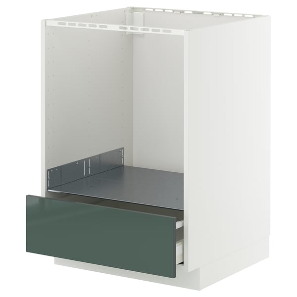 Meuble de cuisine METOD avec tiroir en kallarp gris-vert brillant, côtés métalliques, rectangulaire.