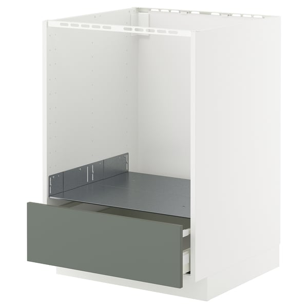 Armoire de cuisine blanche moderne avec tiroir gris-vert, design élégant.
