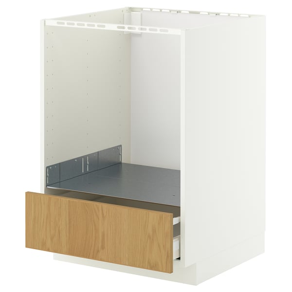 Armoire de cuisine IKEA METOD blanche avec tiroir en bois, design minimaliste, tiroir unique partiellement ouvert.