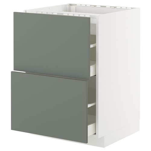 Armoire de cuisine Ikea METOD en vert-gris avec tiroirs coulissants et cadre blanc.