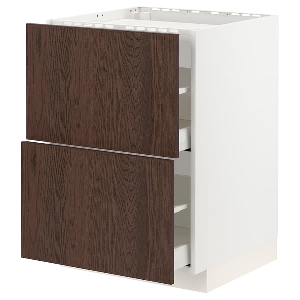 Armoire de cuisine avant en bois foncé avec cadre blanc, tiroirs larges, design élégant.