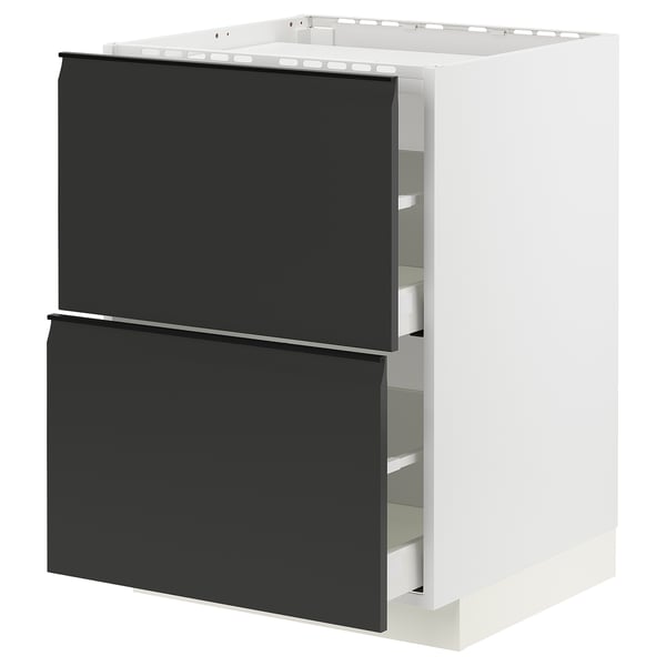 Meuble à tiroirs noir moderne, finition mate élégante, cadre blanc, deux tiroirs, design minimaliste.