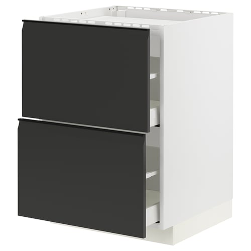 Meuble à tiroirs noir moderne, finition mate élégante, cadre blanc, deux tiroirs, design minimaliste.