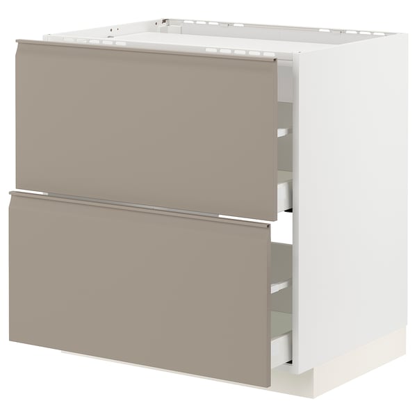 Unité de cuisine moderne : METOD, façades en haut gris-beige, deux tiroirs, fermeture amortie, poignée élégante, rectangulaire.
