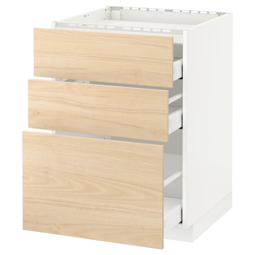Armoire de cuisine METOD blanche avec 3 tiroirs en bois de frêne, légèrement ouvertes.