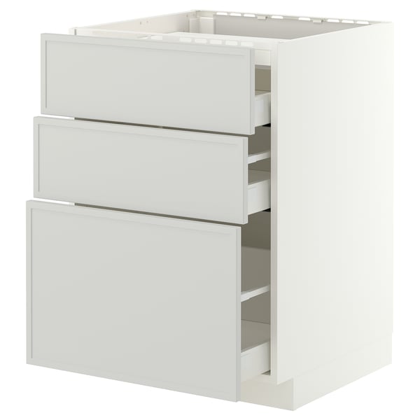 METOD / MAXIMERA Élément bas table cuisson/3fcs/3tir, blanc/Aspudden gris clair, 60x60 cm