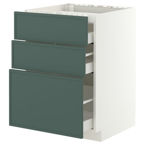 METOD / MAXIMERA Élément bas table cuisson/3fcs/3tir, blanc/Aspudden gris-vert foncé, 60x60 cm