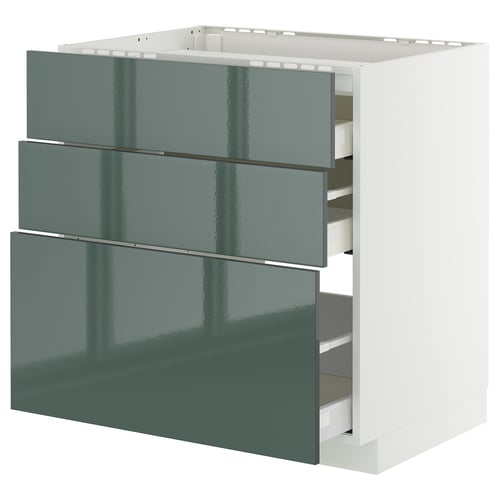 Une armoire METOD gris-vert brillant avec trois tiroirs coulissants, au design moderne.
