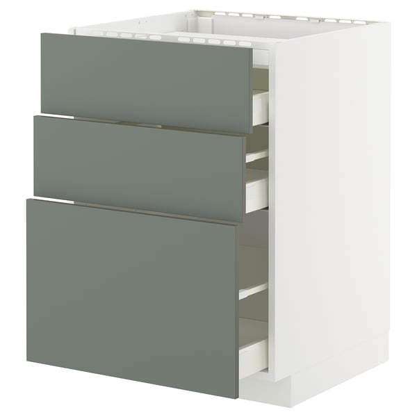 Armoire de cuisine moderne gris-vert, dotée de trois tiroirs avec un cadre blanc à fermeture lisse.