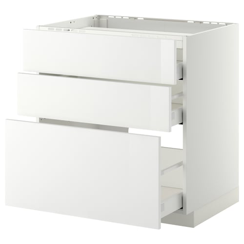 Meuble de cuisine METOD, blanc, brillant, rectangulaire avec trois tiroirs coulissants.